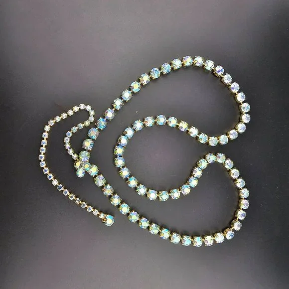 Vintage Blue Aurora Borealis Rhinestone Lariat Necklace or Belt 29-37" - Picture 1 of 7